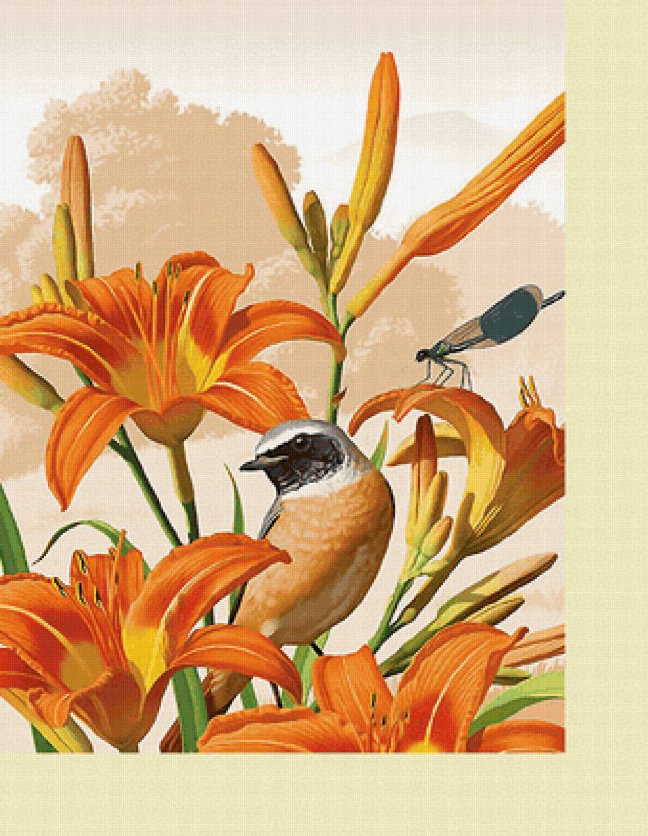 Серия "Флора и фауна". Птичка и лилии - лилии, цветы, птицы - предпросмотр