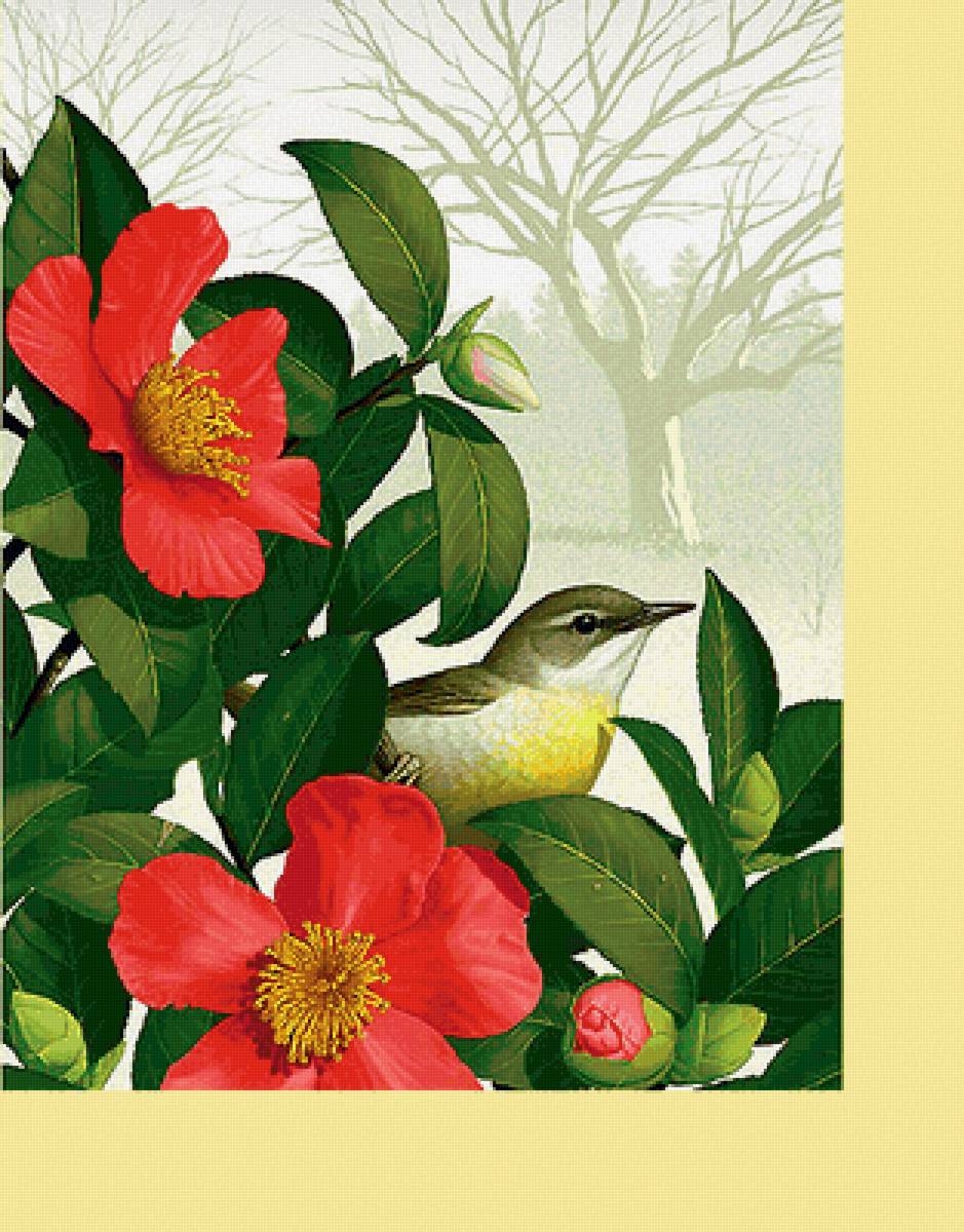 Серия "Флора и фауна". Птичка в цветах - цветы, птицы - предпросмотр