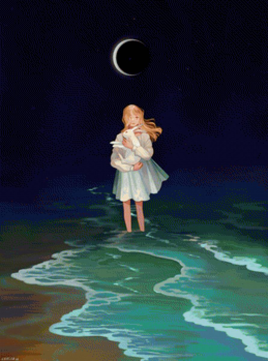 Друзья навеки - девочка, море, ночь, портрет, кролик, луна, животные - предпросмотр