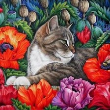 Схема вышивки «Кот в цветах»