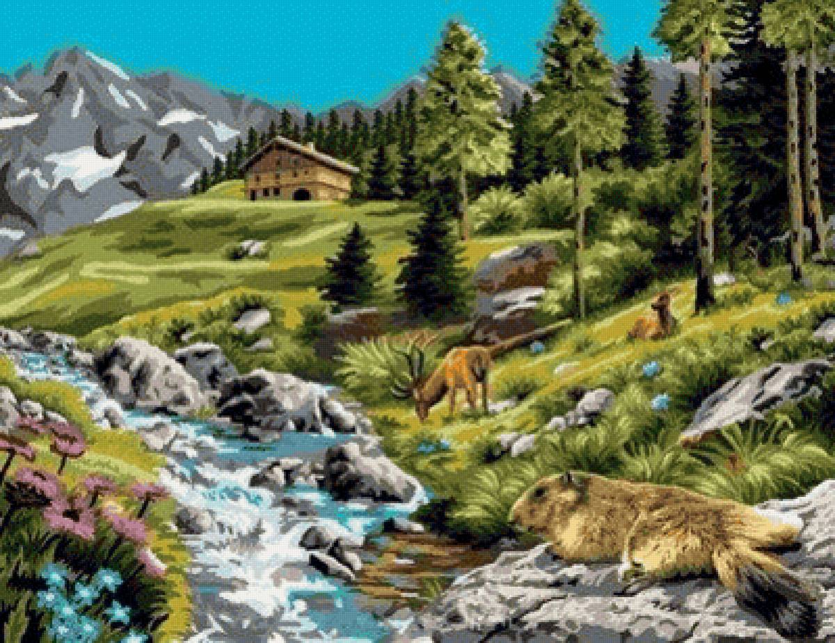 Пейзаж - река, пейзаж, горы, цветы - предпросмотр