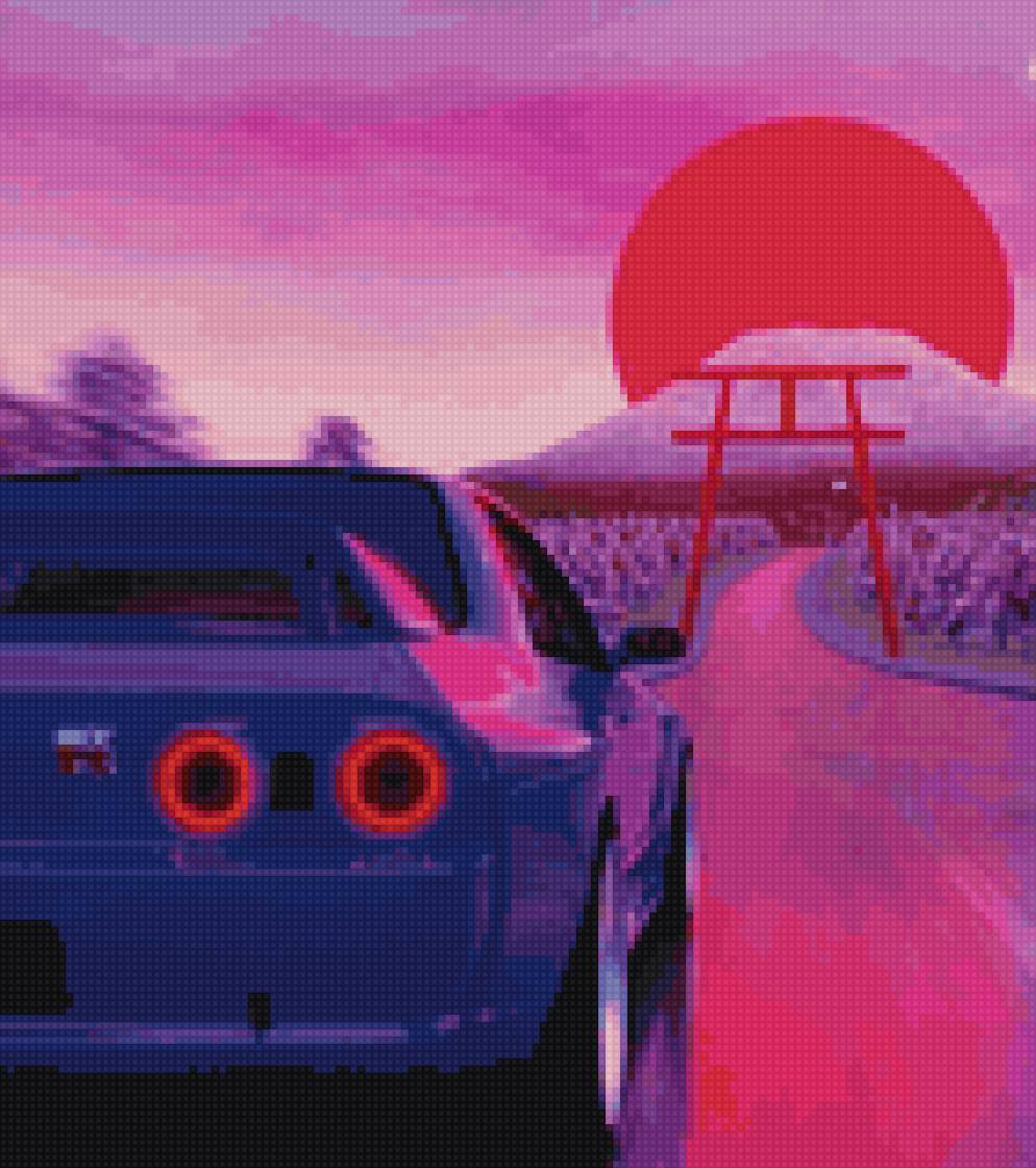 Пейзаж с машиной в японском стиле - солнце, машина, япония, закат - предпросмотр