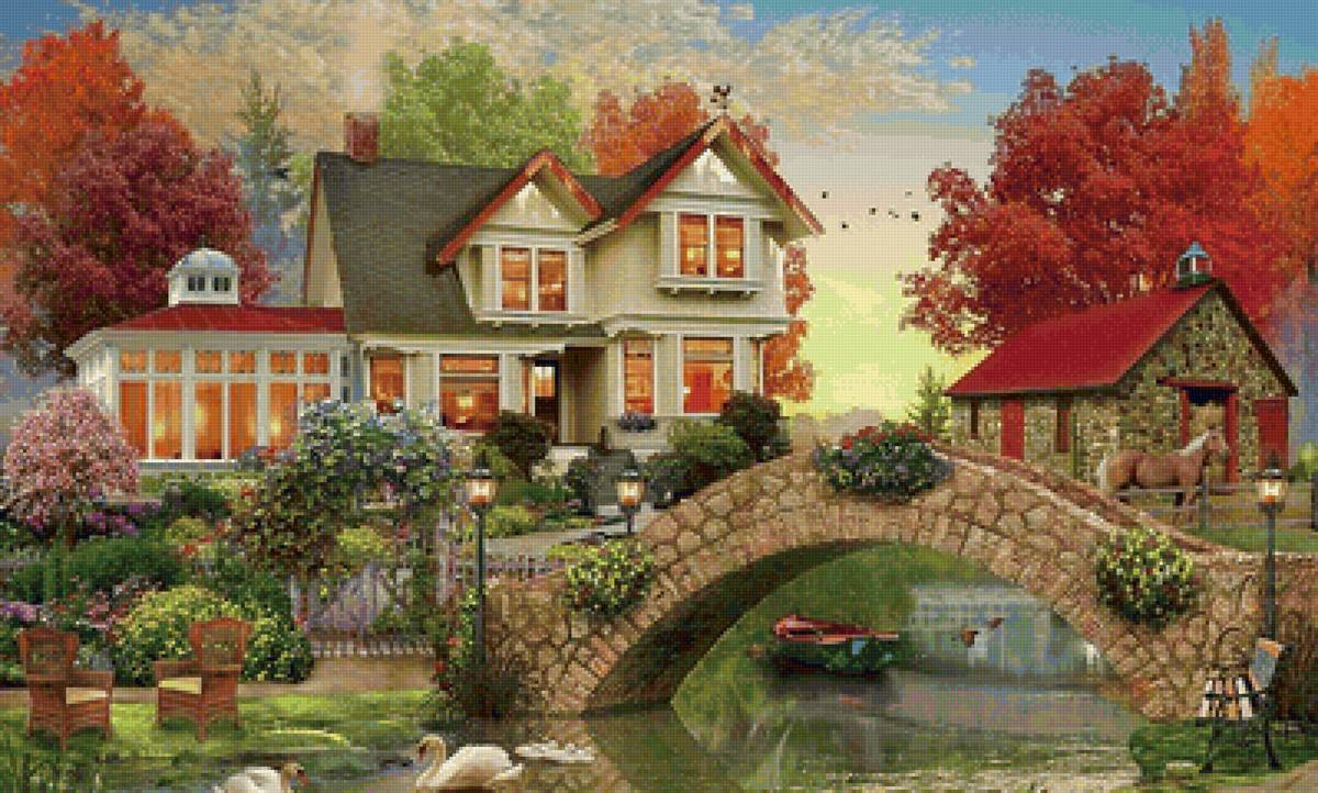 Paisagem rural. - casa, rio, flores. - предпросмотр