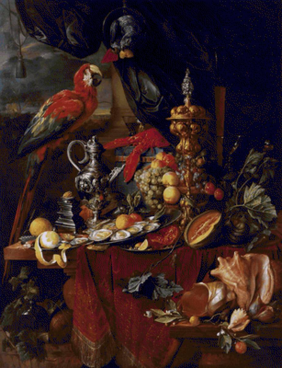 ЯН ДАВИС ДЕ ХЕМ. НАТЮРМОРТ С ПОПУГАЕМ - натюрморт, еда - предпросмотр