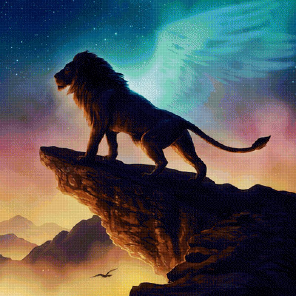 Лев и видение - ночь, облака, вечер, звезды, птица, лев - предпросмотр