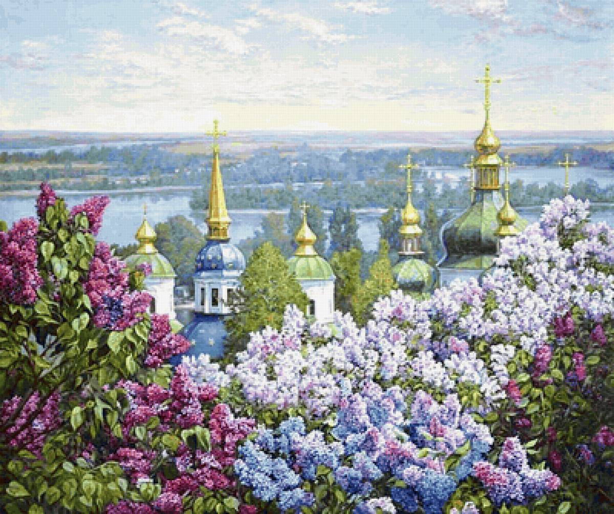 Сирень - река, купола, пейзаж, сирень - предпросмотр