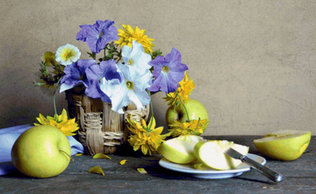 натюрморт - яблоки, натюрморт, фрукты, цветы - предпросмотр