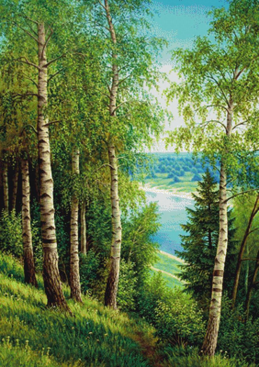 Березовая роща - пейзаж, река, небо, березы - предпросмотр