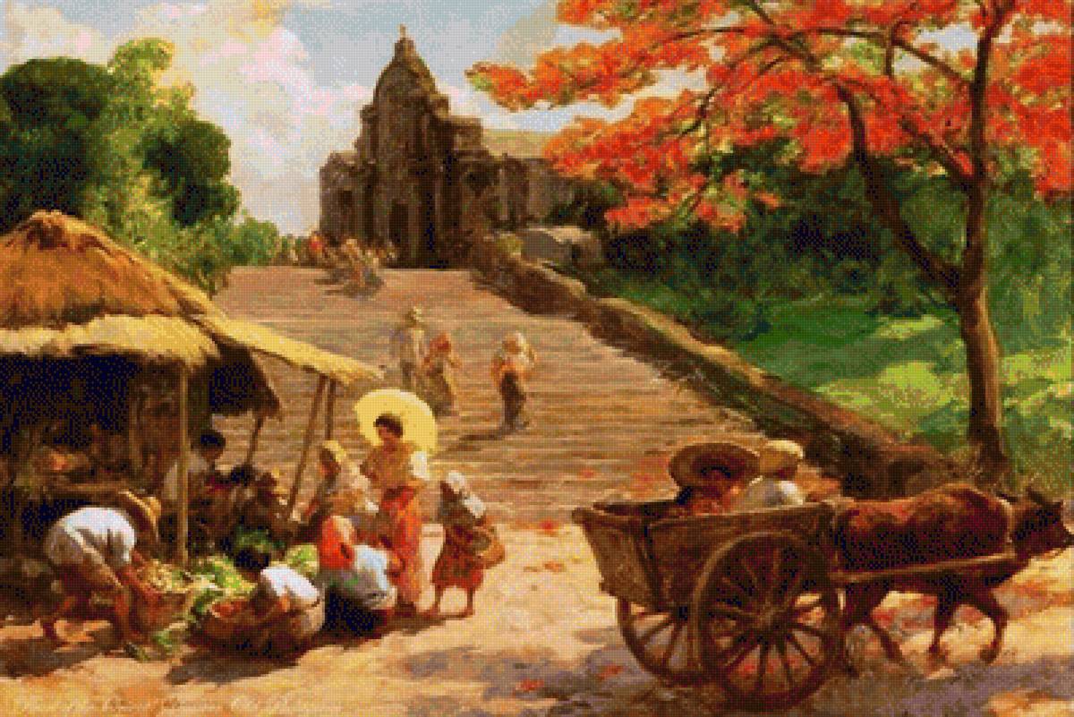 1953 Sunday Morning in the Poblacion - painting, amorsolo - предпросмотр