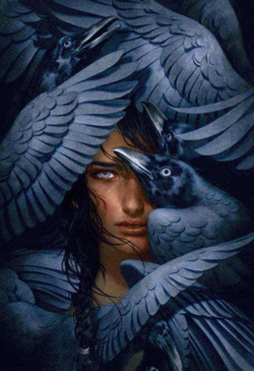 Т Нгуен - картина, ворон, люди, птицы - предпросмотр