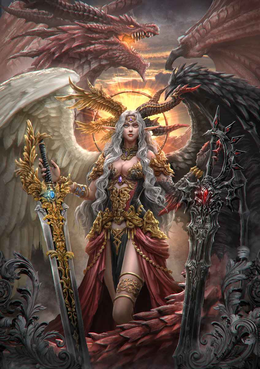 Она и дракон - фантастика, фэнтези, портрет, дракон, живопись - оригинал