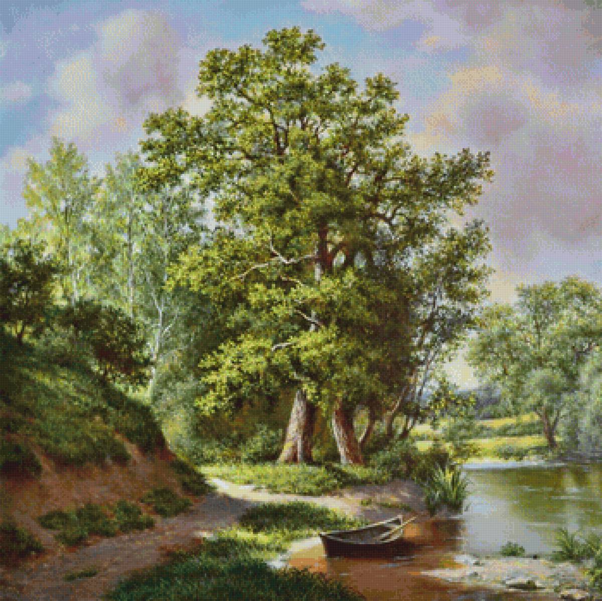 У реки - речка, деревья, лодка, пейзаж, природа - предпросмотр