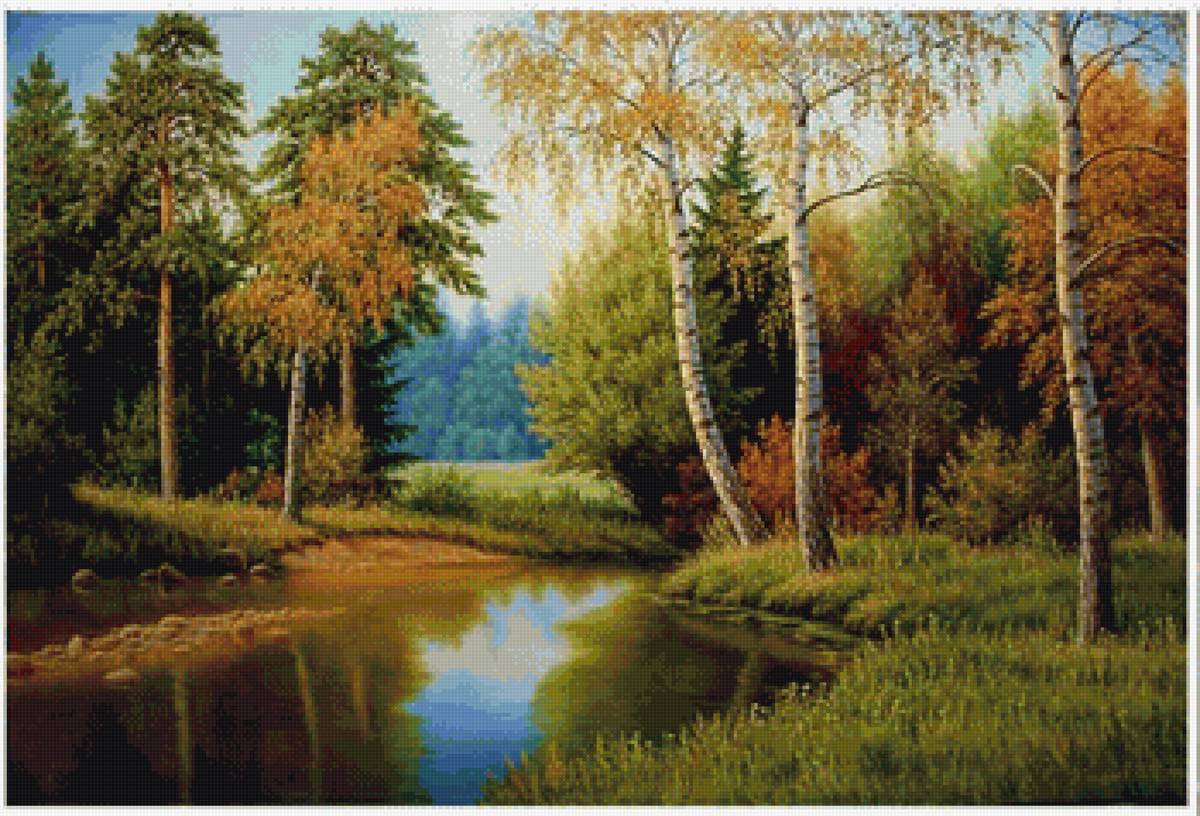 Пейзаж осени - осень, березы, речка, сосны, пейзаж, лес, природа - предпросмотр