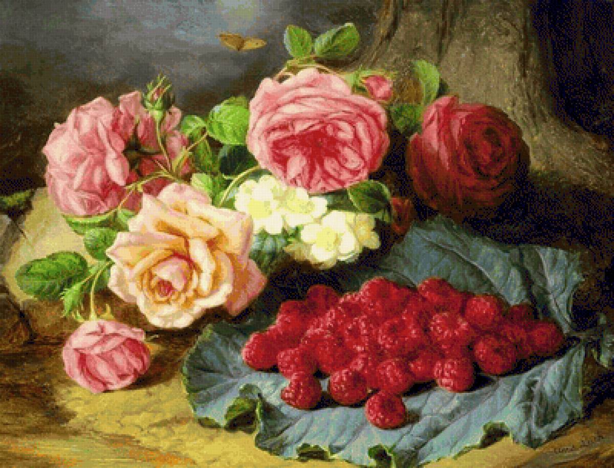 Цветы - капустный лист, малина, натюрморт, розы - предпросмотр