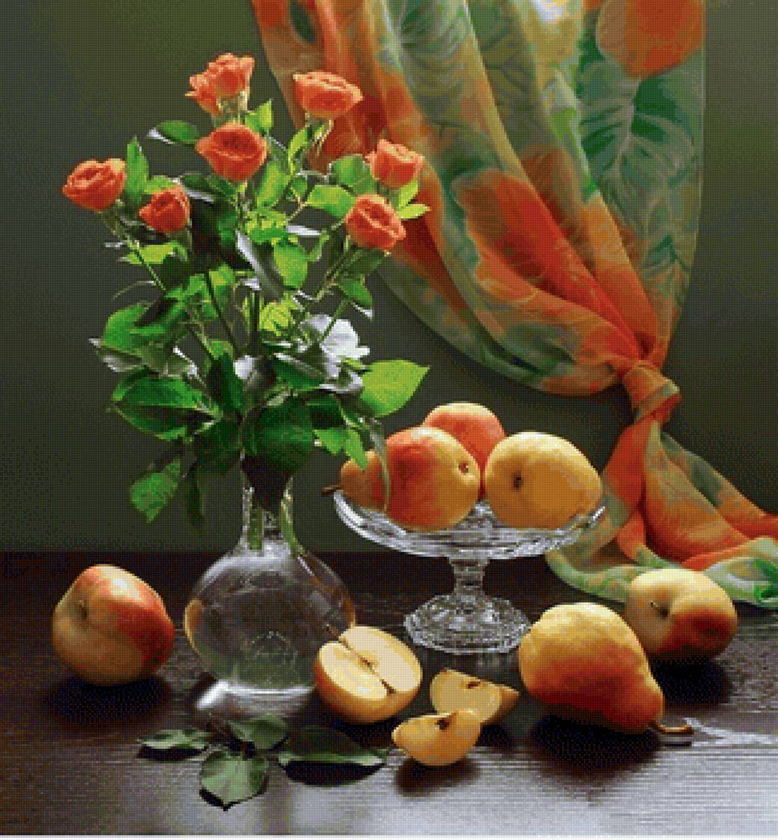 Натюрморт - букет, цветы, натюрморт, яблоки, розы, груши - предпросмотр