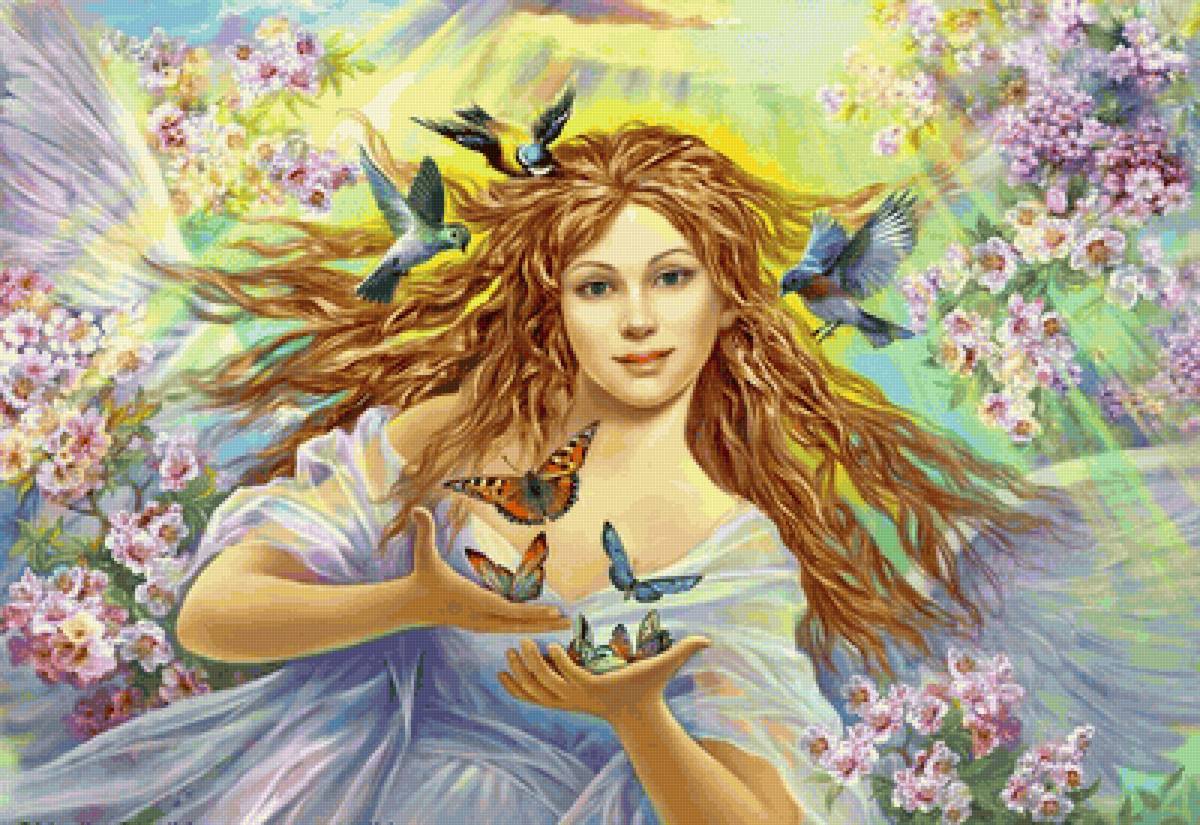 Fantasia. - borboletas., menina, flores, fantasia, pássaros - предпросмотр