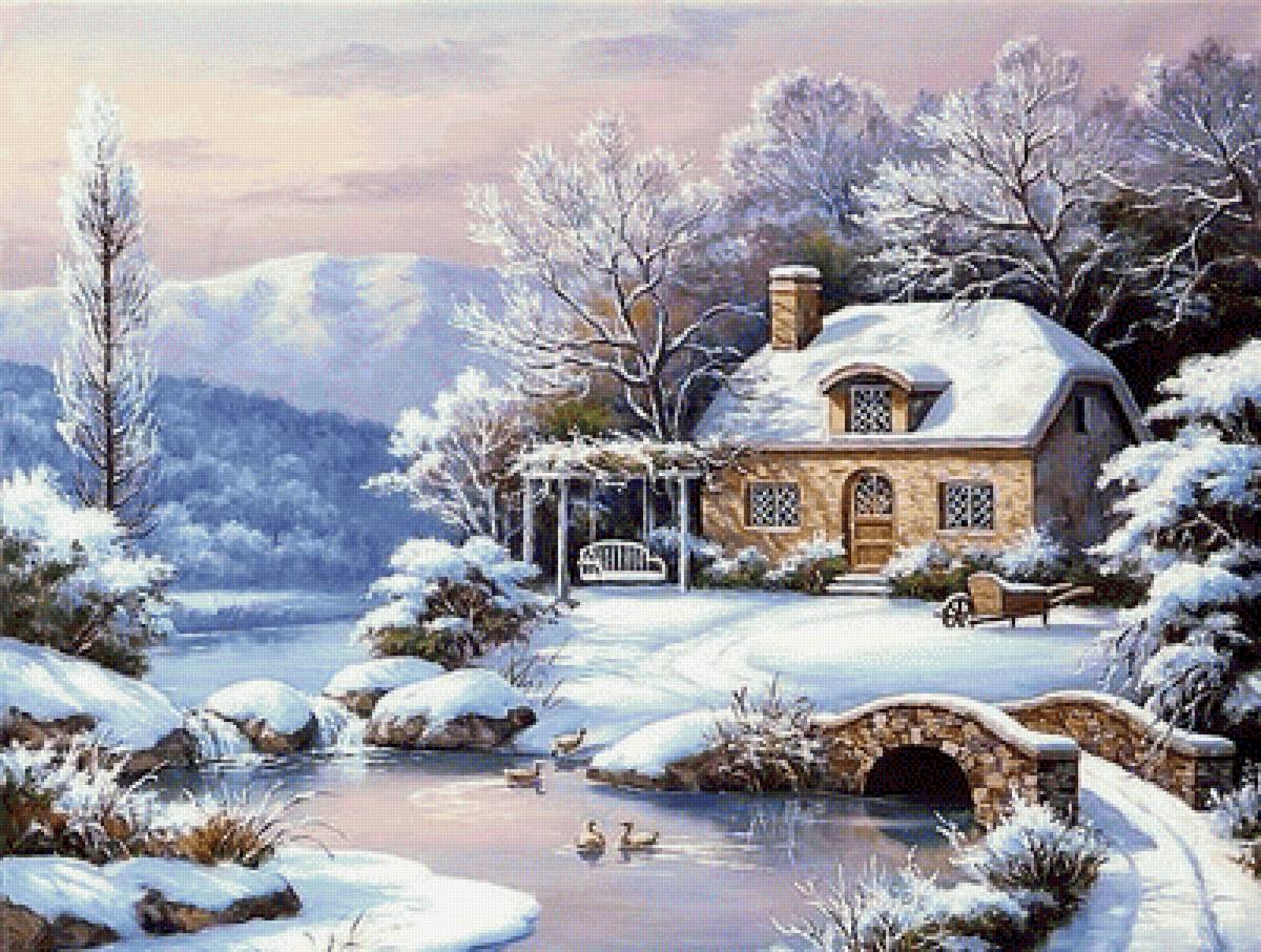 Пейзаж - дом, река, зима., пейзаж, лес - предпросмотр