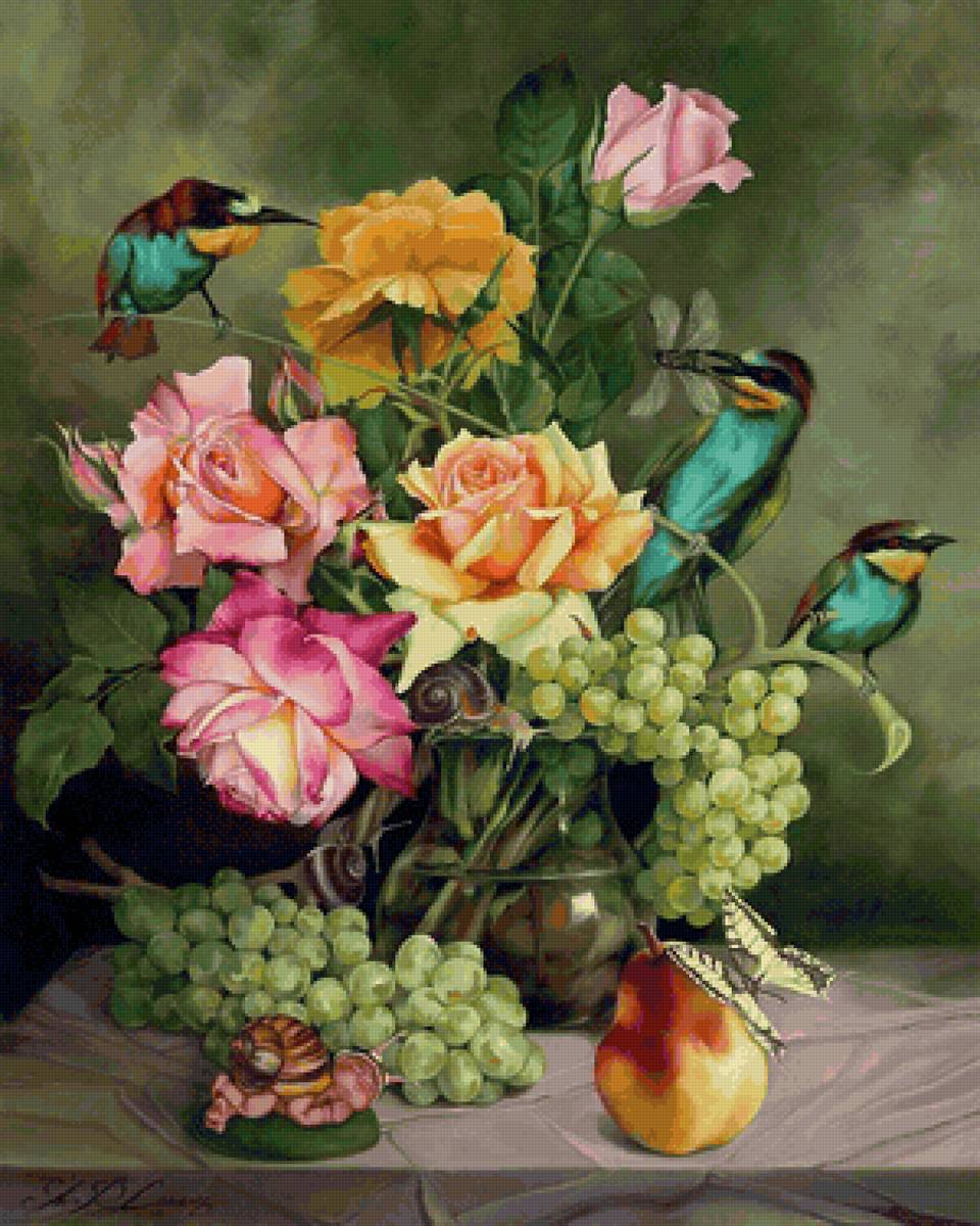 Цветы и птицы - живопись, натюрморт, птицы, цветы, букет - предпросмотр