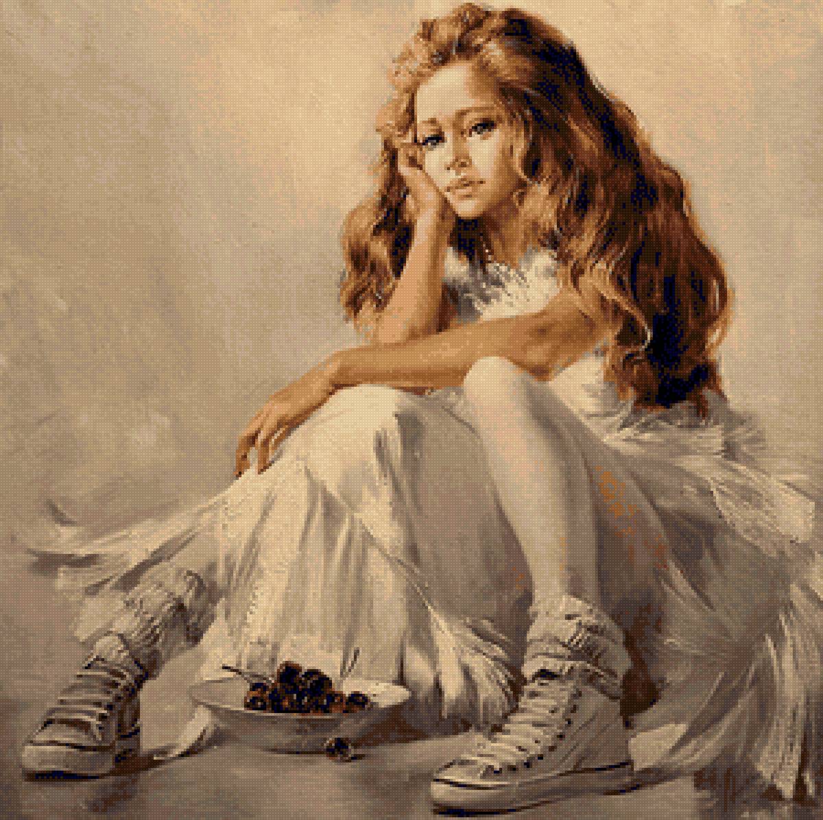 Девочка с черешней. - платье, белое, черешня, девочка - предпросмотр