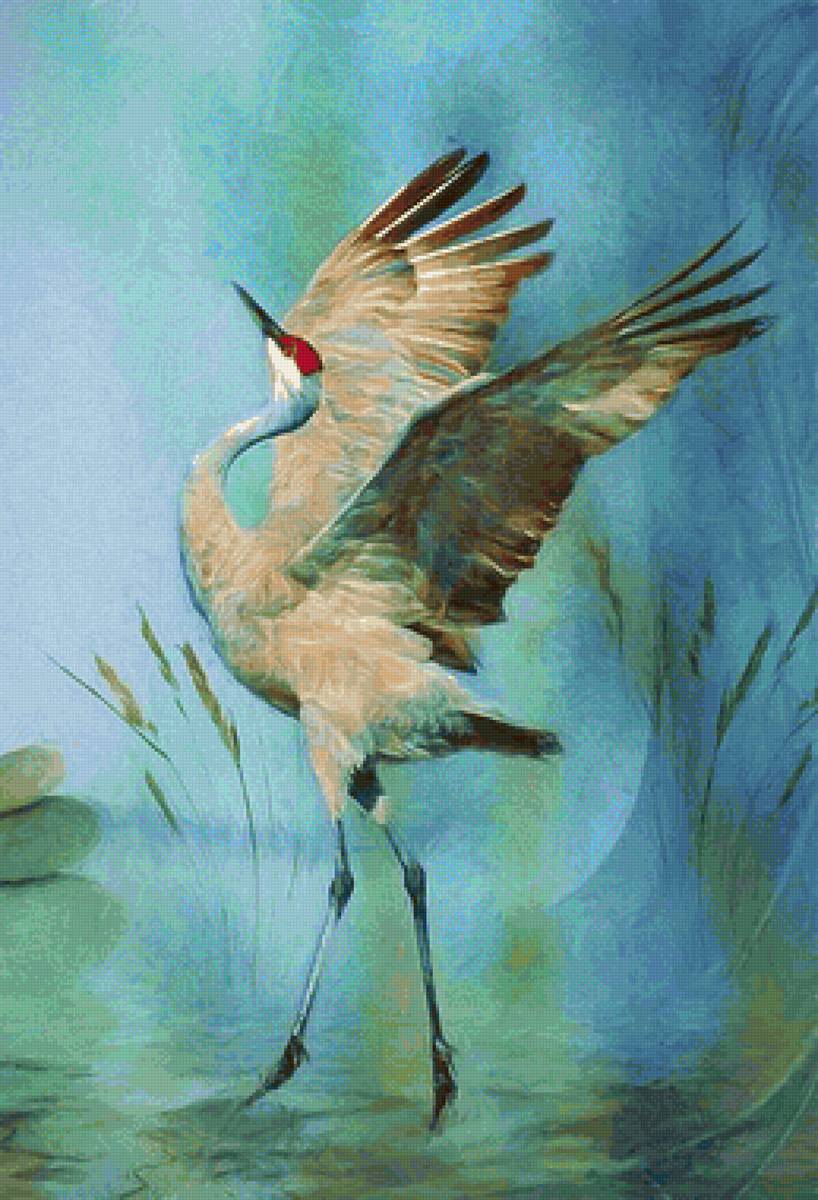 A dança do guindaste. - pássaro, pintura. - предпросмотр