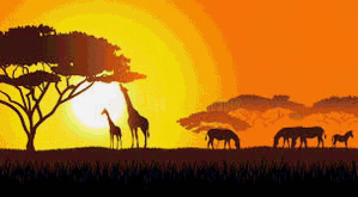 Вечер в саванне - баобаб, савана, жираф, слон, солнце, закат - предпросмотр