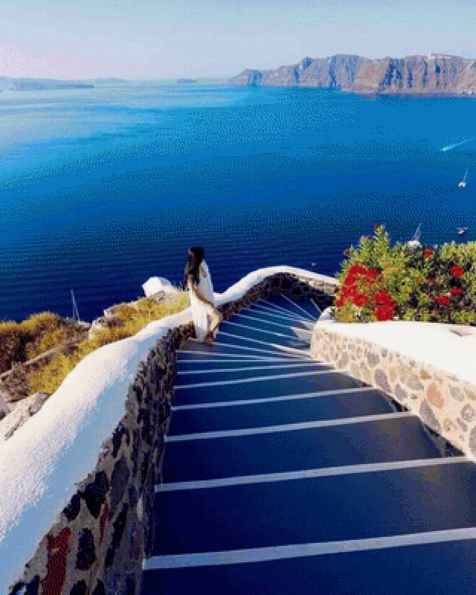 Paisaje Santorini la caldera - кальдера, агуа, escalera, paisaje, azul - предпросмотр