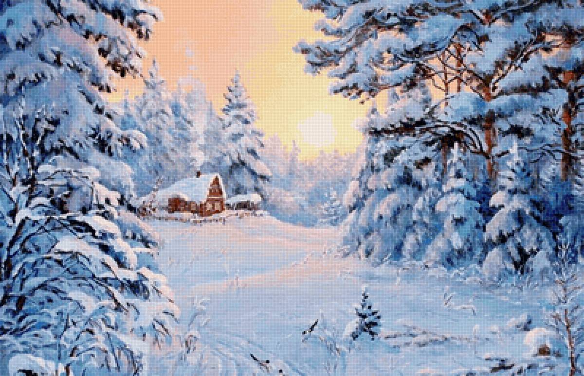 Пейзаж - зима., пейзаж, избушка, лес - предпросмотр