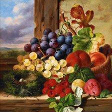 Схема вышивки «ЭДВАРД ЛАДЕЛЛ. НАТЮРМОРТ. ВИНОГРАД, ПЕРСИКИ, МАЛИНА И ГНЕЗДО»