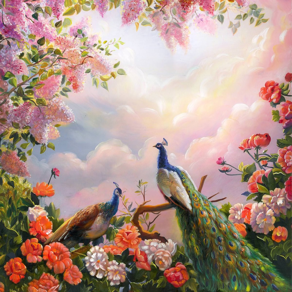 павлин - цветы, павлин - оригинал