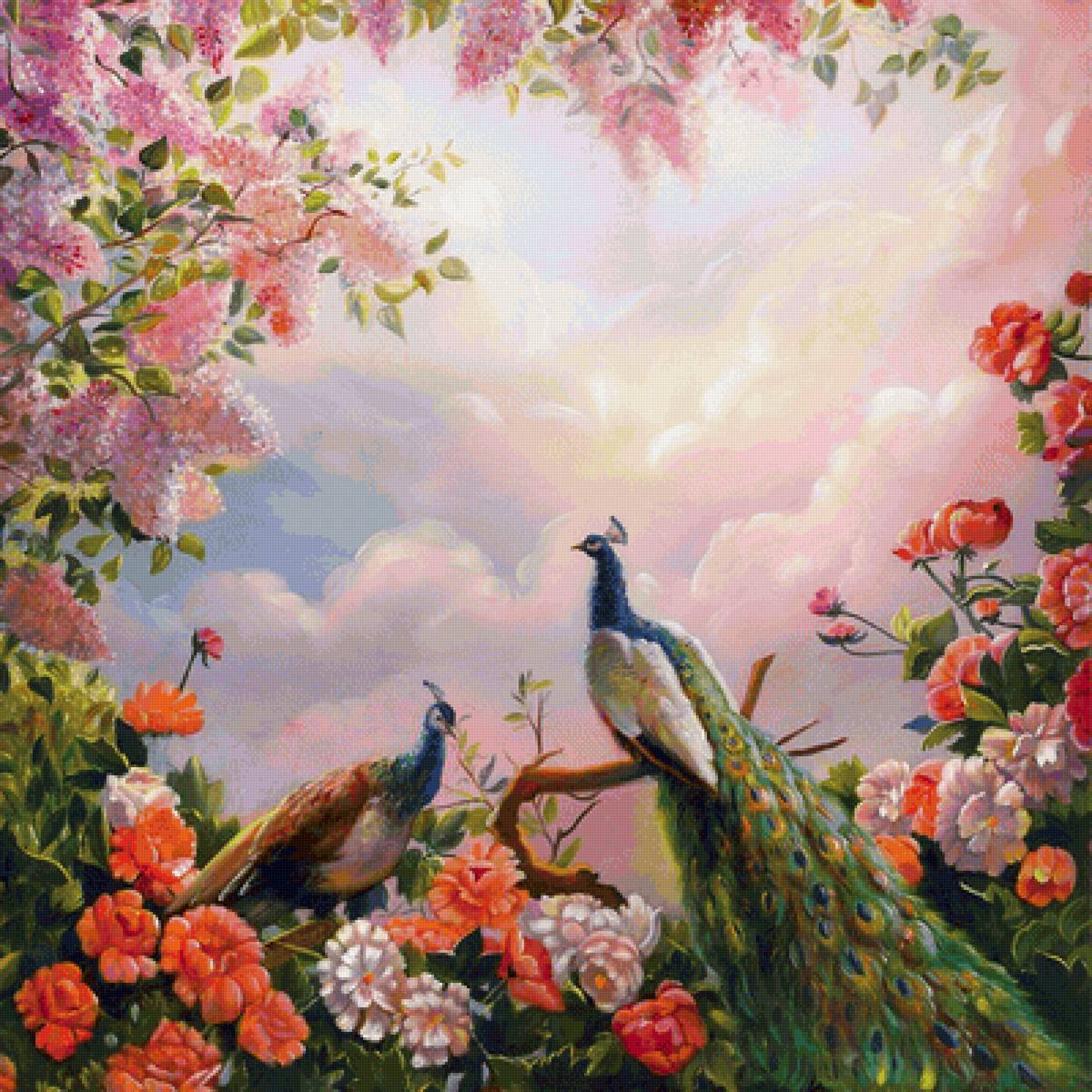 павлин - павлин, цветы - предпросмотр