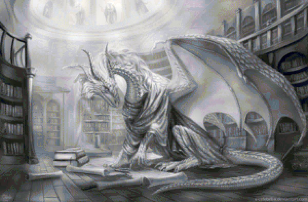 Дракон-книгочей - книги, библиотека, монохром, дракон - предпросмотр