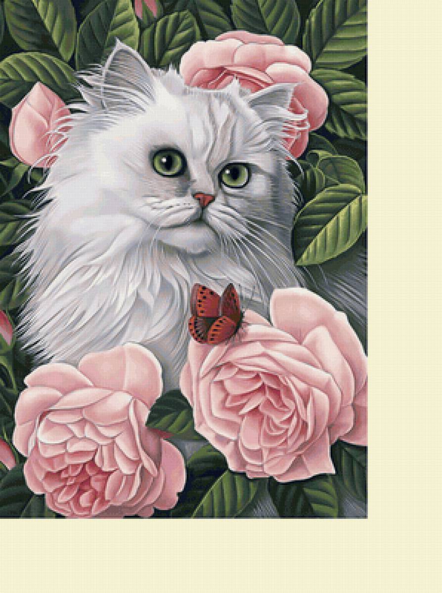 кот - коты, кот, цветы, животные, розы - предпросмотр