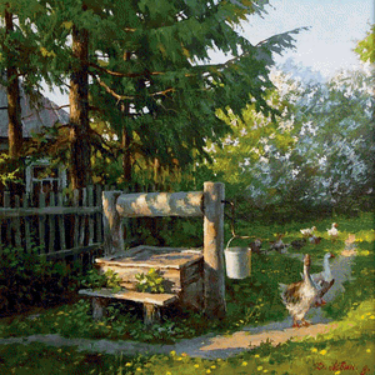 Пейзаж - колодец, гуси, лето, дмитрий левин - предпросмотр