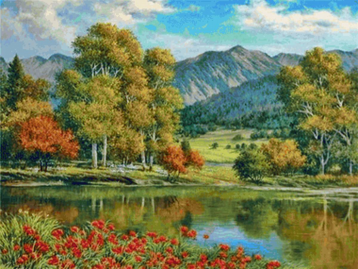 Paisagem. - paisagens.flores., arvores, lago - предпросмотр