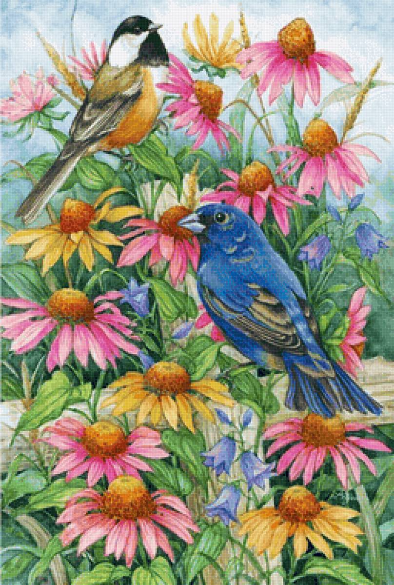 Pássaro e flores. - pássaro, flores. - предпросмотр