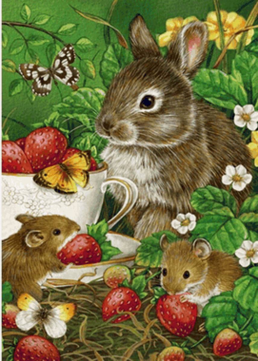 Coelho e ratinhos. - animais.roedores.frutas. flores. - предпросмотр