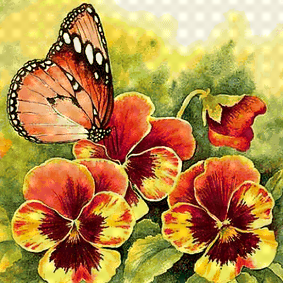 Анютины глазки - лето., анютины глазки, бабочка, цветы - предпросмотр