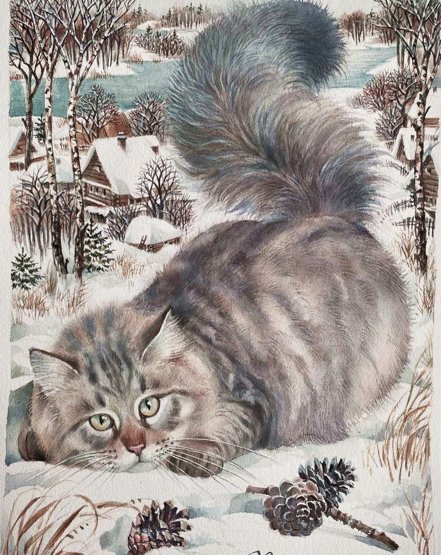 Gato. - animais. ilustração.inverno. - оригинал