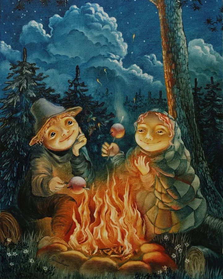 у костра - костер, лес, люди, фэнтези - оригинал