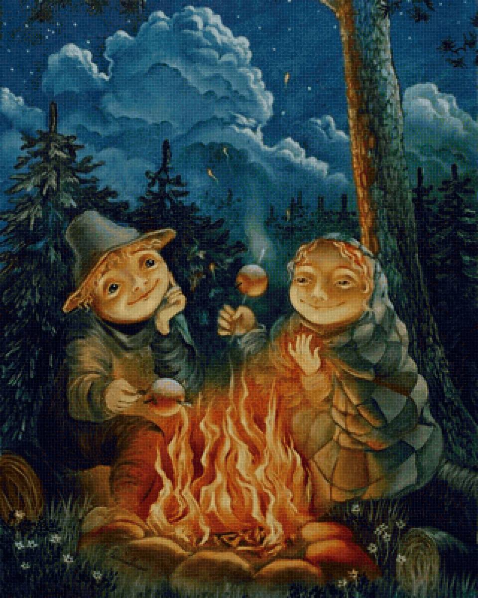 у костра - фэнтези, люди, костер, лес - предпросмотр