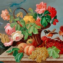 Cesta de rosas e frutas.