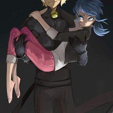 Схема вышивки «марикот адриан в обличии чёрного кота держит маринетт на руках»