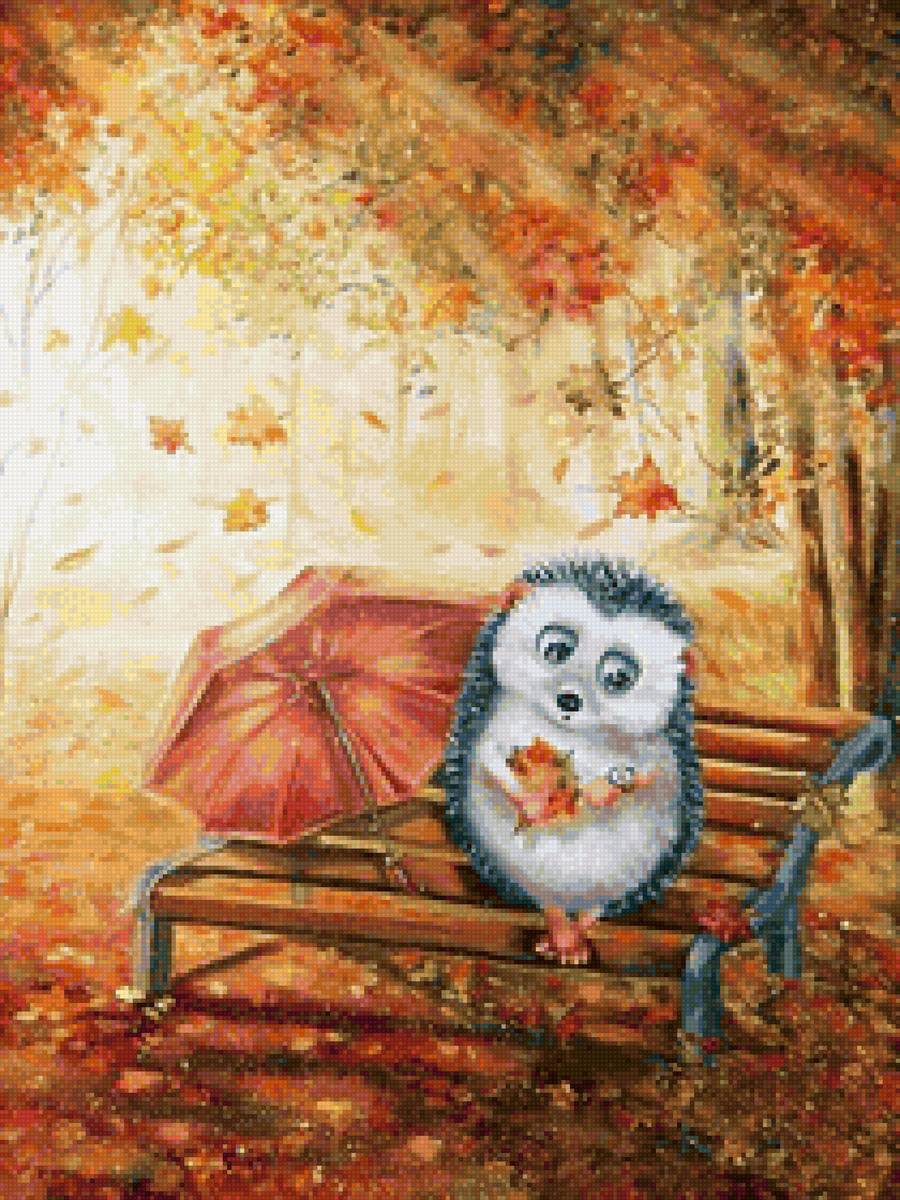 Ёжик на свидании - ежик, осень, зонтик, скамейка - предпросмотр