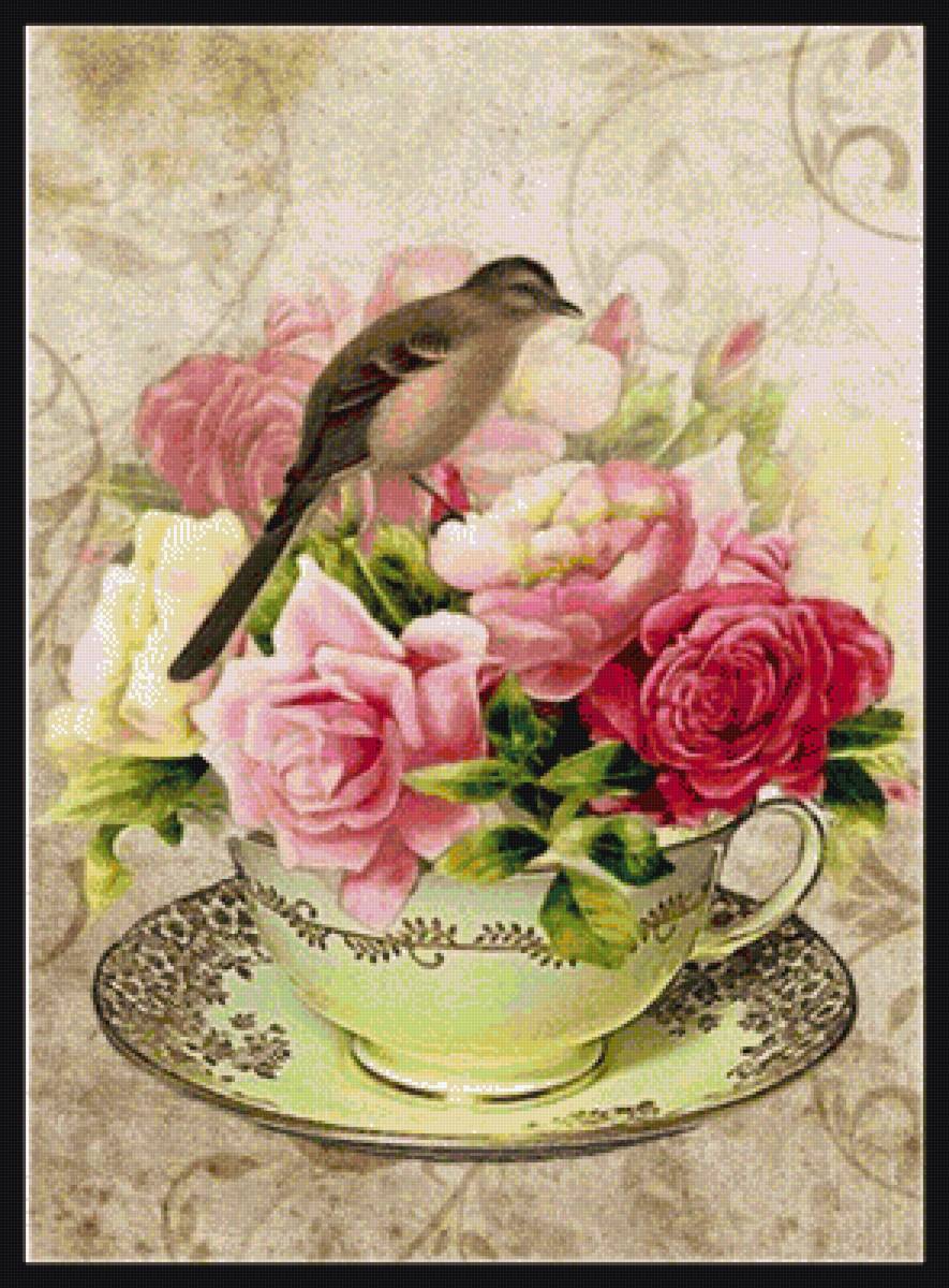 Цветы в чашке - птица, чашка, цветы, винтаж - предпросмотр