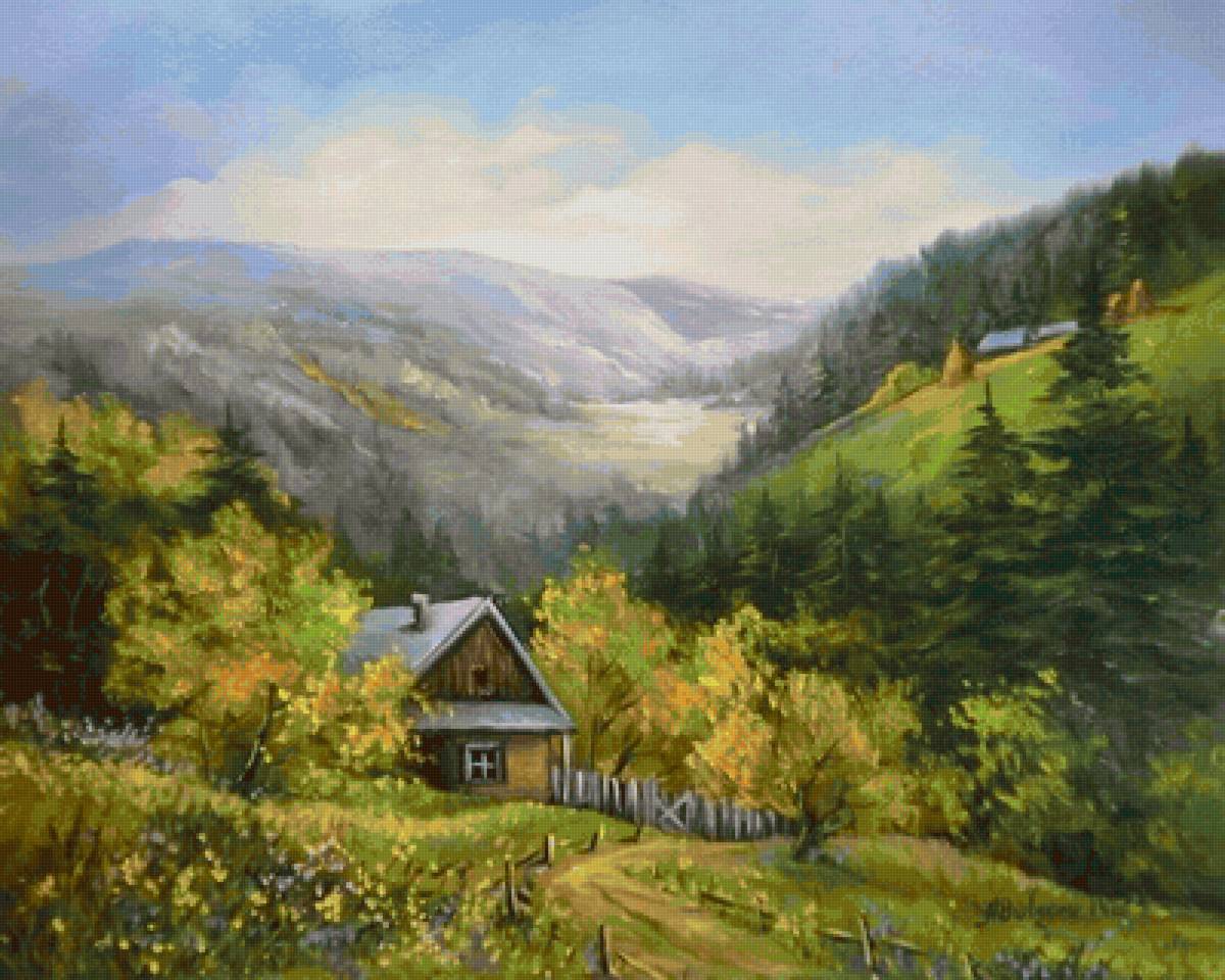 Paisagem. - casas., montanhas, vale - предпросмотр