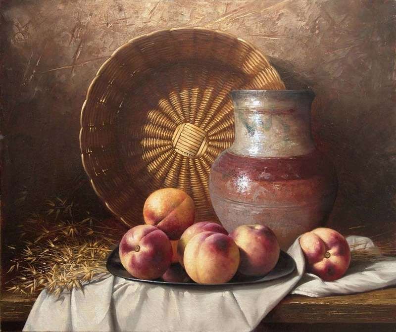 кувшин и персики - фрукты, кувшин, корзина, персики, натюрморт - оригинал