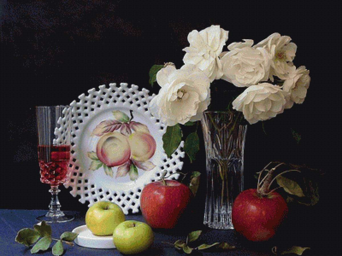 Натюрморт - бокал, букет, яблоки, натюрморт, розы - предпросмотр