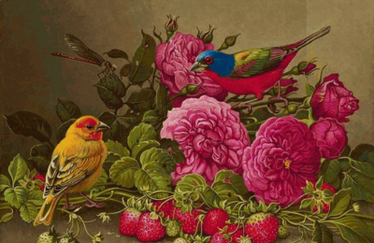 Flores e pássaros. - pássaro, flores.frutas. - предпросмотр