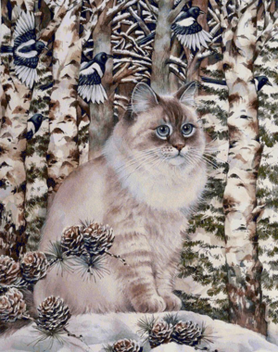 Gato. - animais .floresta .pássaros. inverno. - предпросмотр