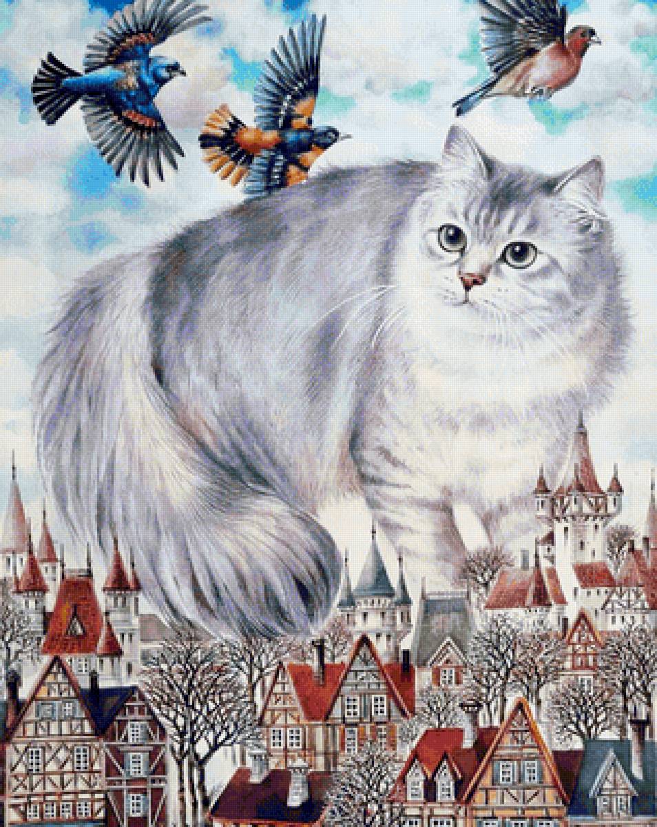 Gato. - animais. ilustração .inverno .pássaros cidade. - предпросмотр